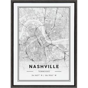 image:imageKate and Laurel Sylvie Nashville Modern Map Framed Canvas Wall Art by Jake Goossen 18x24 Gray Decorative Map Art for Wall