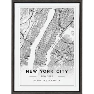 image:imageKate and Laurel Sylvie New York City Modern Map Framed Canvas Wall Art by Jake Goossen 18x24 Gray Geographical Map for Wall