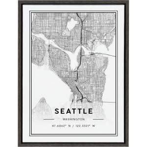 image:imageKate and Laurel Sylvie Seattle Modern Map Framed Canvas Wall Art by Jake Goossen 18x24 Gray Decorative Map Art for Wall