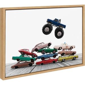 image:imageKate and Laurel Sylvie Vintage Stacked Matchbox Cars and Monster Truck Framed Canvas Wall Art by Saint and Sailor Studios 18x24 Natural Modern Colorful Car Toys Art for WallNatural