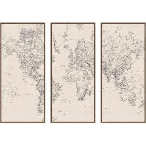 image:imageKate and Laurel Vintage Black and White World Map Linen 3 Piece Framed Canvas Wall Art Set by The Creative Bunch Studio Sylvie Beaded Dark Gold Vintage Map Art for Wall Decor