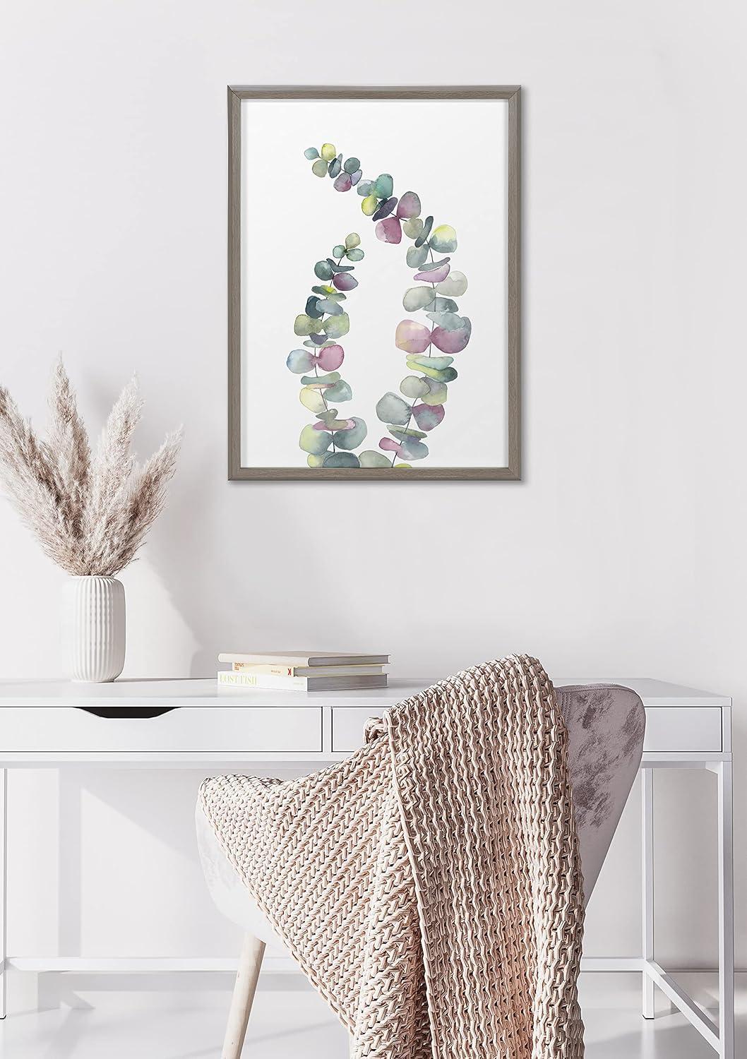 image:imageKate and Laurel Blake Eucalyptus 2 Branches Framed Printed Glass Wall Art by Emily Marie Watercolors 18x24 Gray Decorative Succulent Art for WallGray