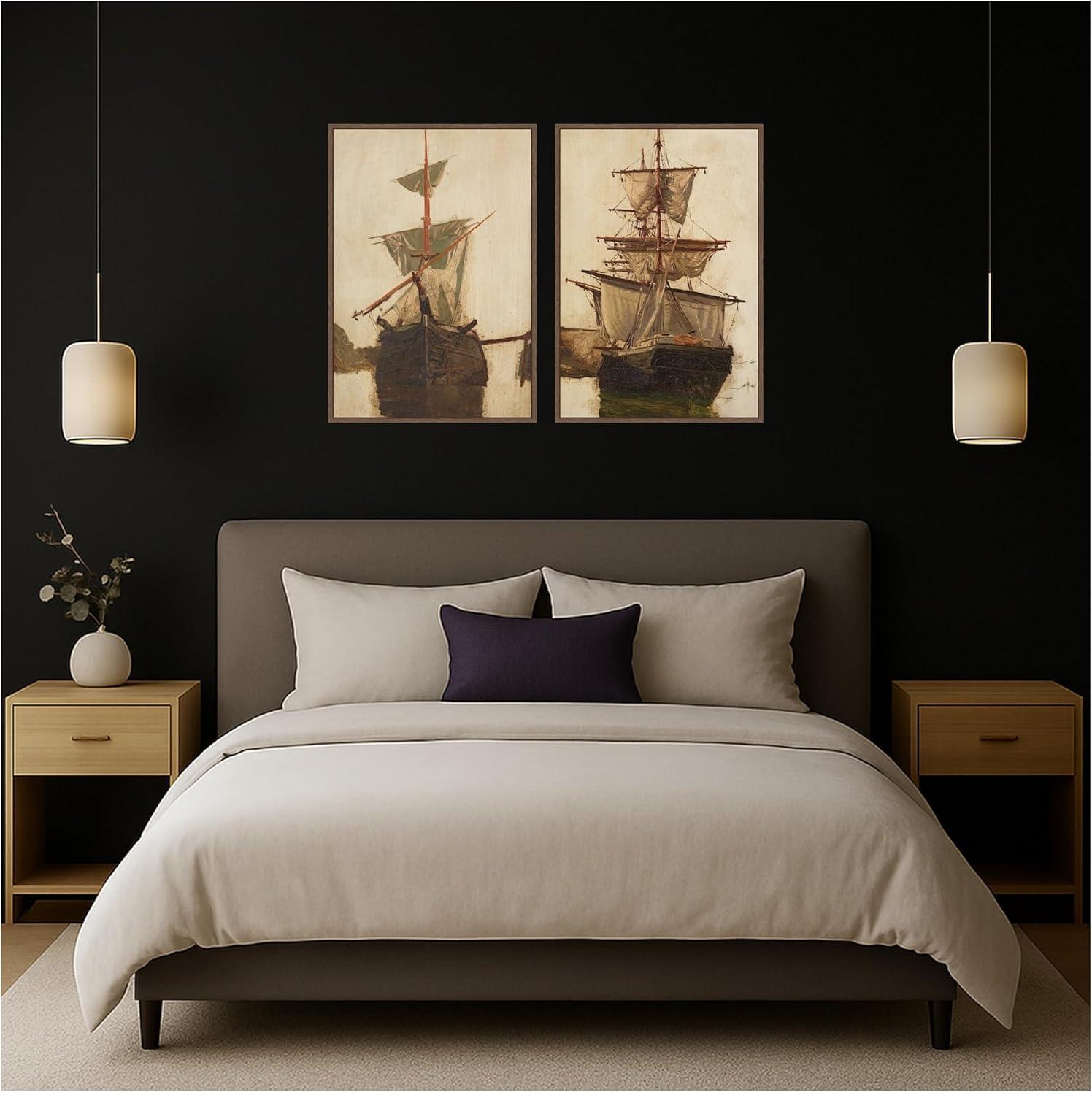 image:imageKate and Laurel Sketch of a Sailing Ship 2 Piece Framed Canvas Wall Art Set by Nostalgia Prints Sylvie Walnut Vintage Beach Art for Wall Decor