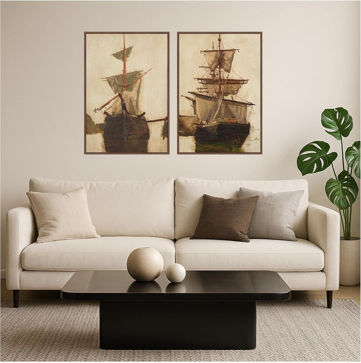 image:imageKate and Laurel Sketch of a Sailing Ship 2 Piece Framed Canvas Wall Art Set by Nostalgia Prints Sylvie Walnut Vintage Beach Art for Wall Decor