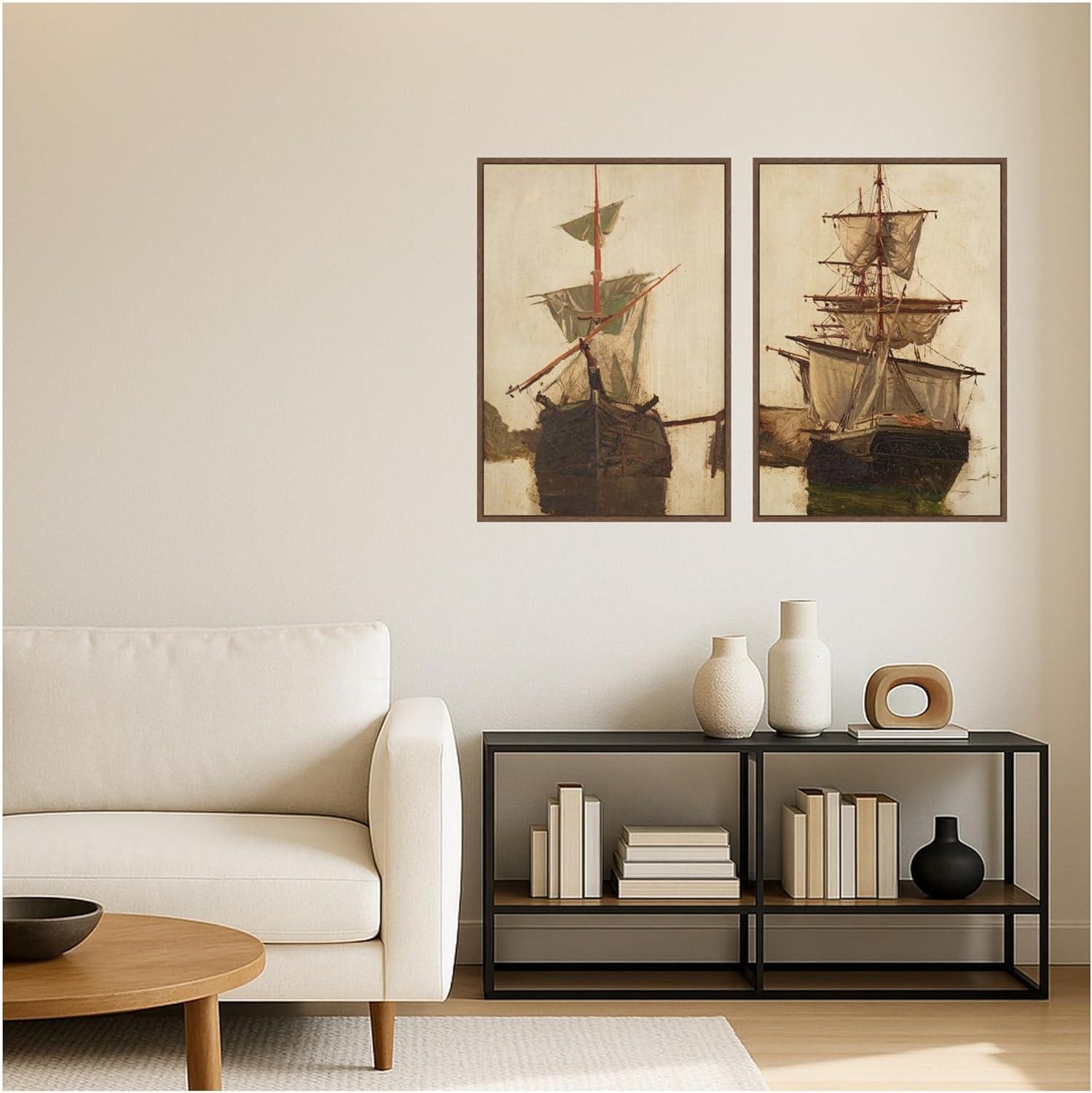 image:imageKate and Laurel Sketch of a Sailing Ship 2 Piece Framed Canvas Wall Art Set by Nostalgia Prints Sylvie Walnut Vintage Beach Art for Wall Decor