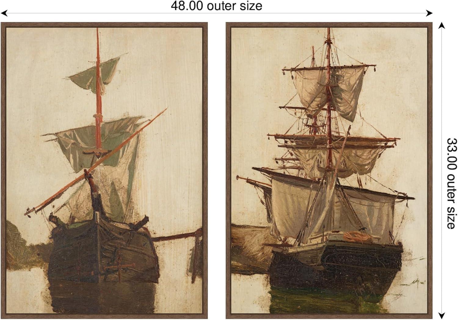 image:imageKate and Laurel Sketch of a Sailing Ship 2 Piece Framed Canvas Wall Art Set by Nostalgia Prints Sylvie Walnut Vintage Beach Art for Wall Decor