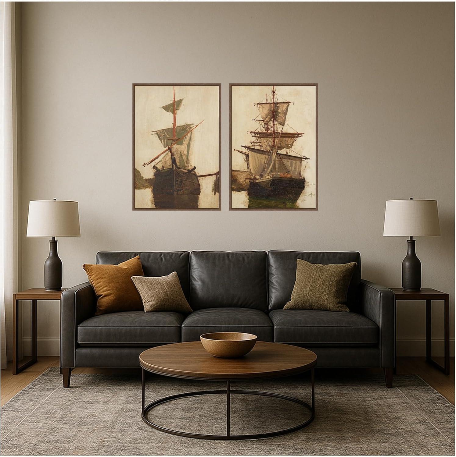 image:imageKate and Laurel Sketch of a Sailing Ship 2 Piece Framed Canvas Wall Art Set by Nostalgia Prints Sylvie Walnut Vintage Beach Art for Wall Decor