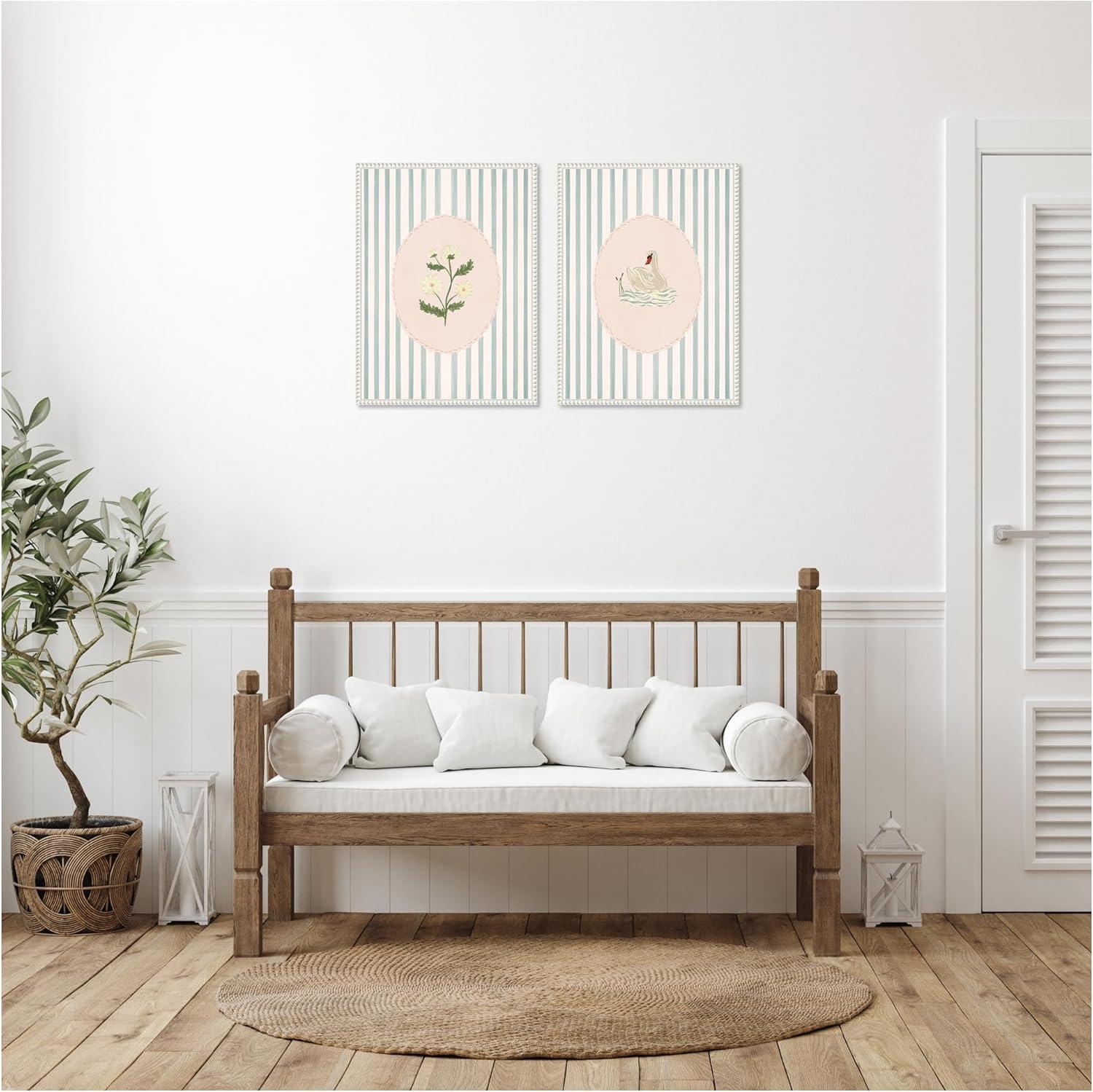 image:imageKate and Laurel Striped Heritage 2 Piece Framed Canvas Wall Art Set by Nikita Jariwala Sylvie Beaded White Vintage Flower Art for Wall Decor