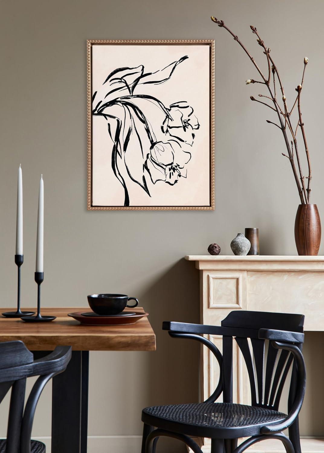 image:imageKate and Laurel Sylvie Beaded LV Floral 3 Vintage Framed Canvas Wall Art by Valerie McKeehan of Lily and Val 18x24 Gold Black Floral Sketch Art for Wall