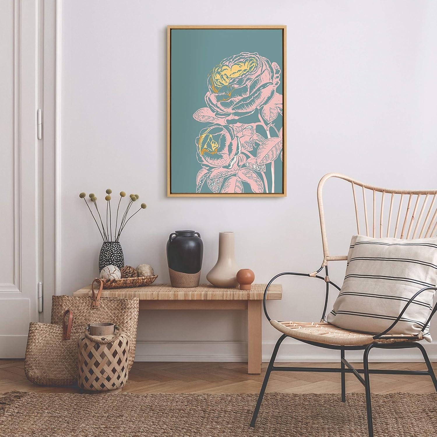 image:imageKate and Laurel Sylvie Floral in Teal Framed Canvas Wall Art by Apricot and Birch 18x24 Natural Vintage Floral Art for WallNatural