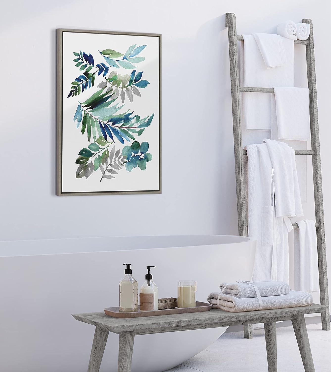 image:imageKate and Laurel Sylvie Tropic Leaves Blue Framed Canvas Wall Art by Sara Berrenson 23x33 Natural Watercolor Floral Home DecorGrey