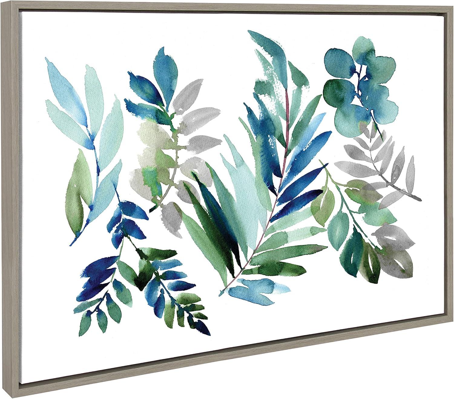 image:imageKate and Laurel Sylvie Tropic Leaves Blue Framed Canvas Wall Art by Sara Berrenson 23x33 Natural Watercolor Floral Home DecorGrey