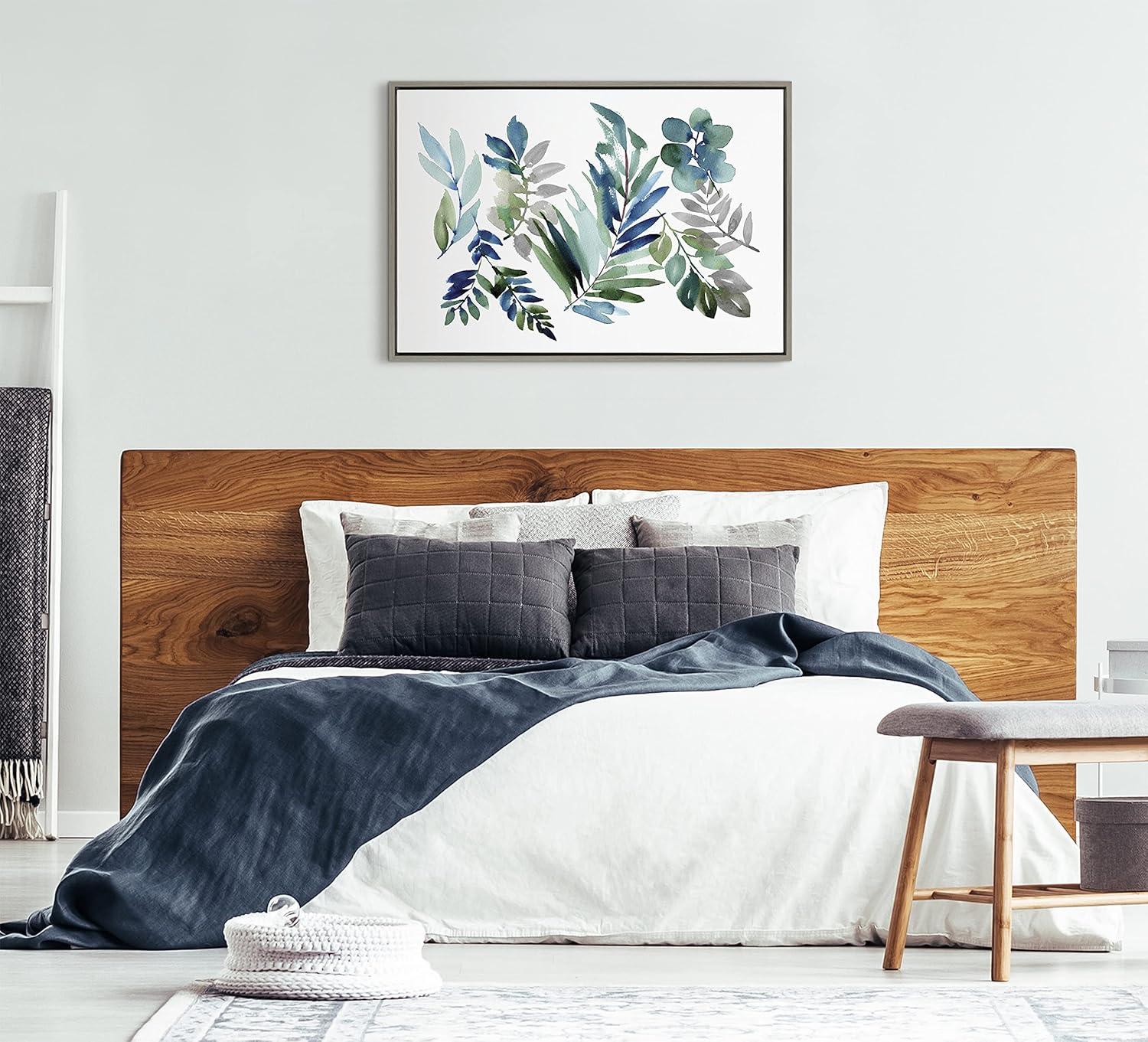 image:imageKate and Laurel Sylvie Tropic Leaves Blue Framed Canvas Wall Art by Sara Berrenson 23x33 Natural Watercolor Floral Home DecorGrey