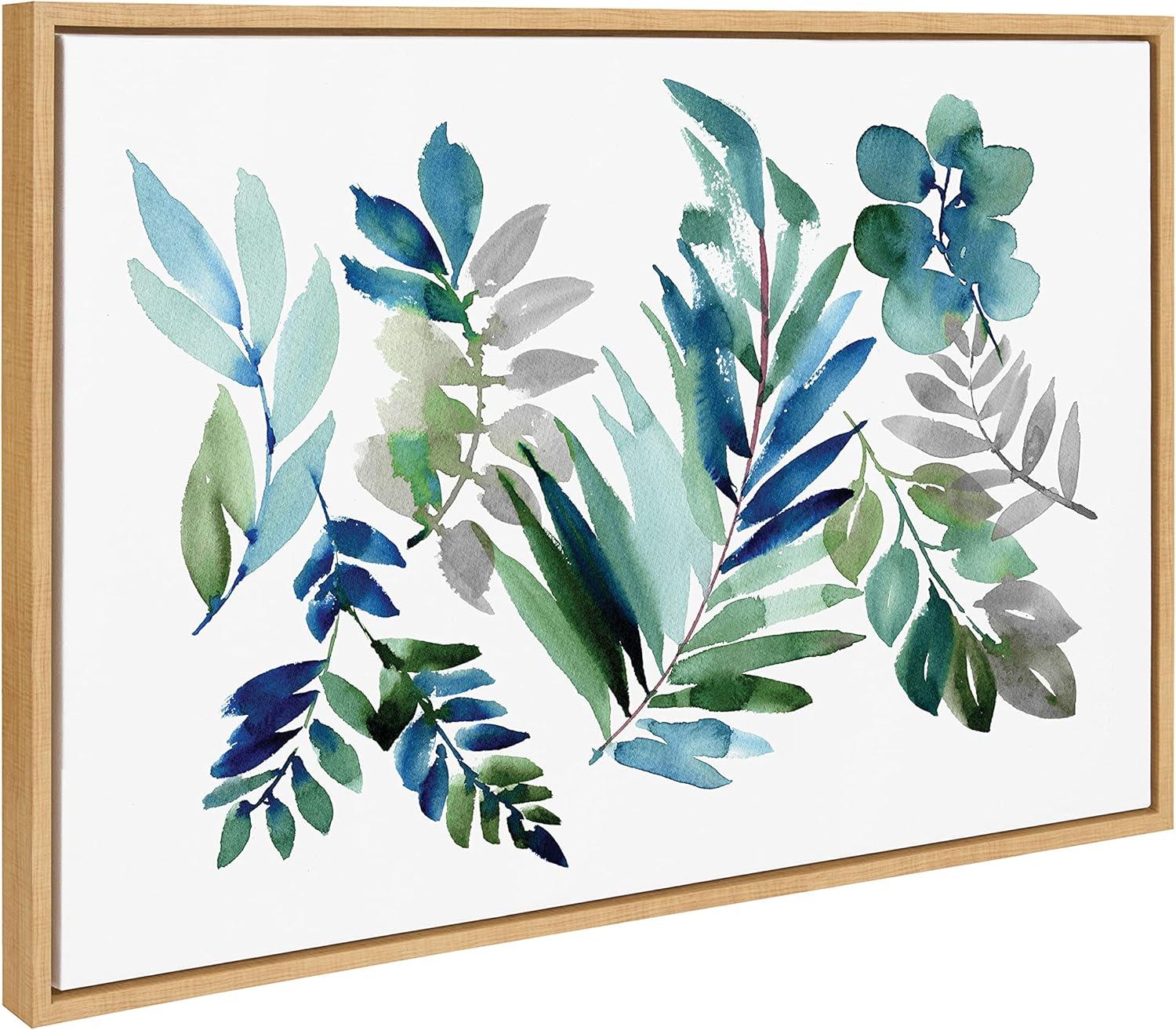 image:imageKate and Laurel Sylvie Tropic Leaves Blue Framed Canvas Wall Art by Sara Berrenson 23x33 Natural Watercolor Floral Home DecorNatural