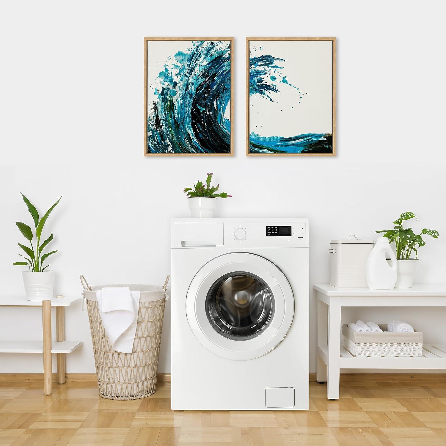 image:imageKate and Laurel Sylvie Wave 1 and 2 Framed Canvas Wall Art Set 2 Piece 18x24 Natural Colorful Blue Crashing Ocean Waves Art for Wall Decor