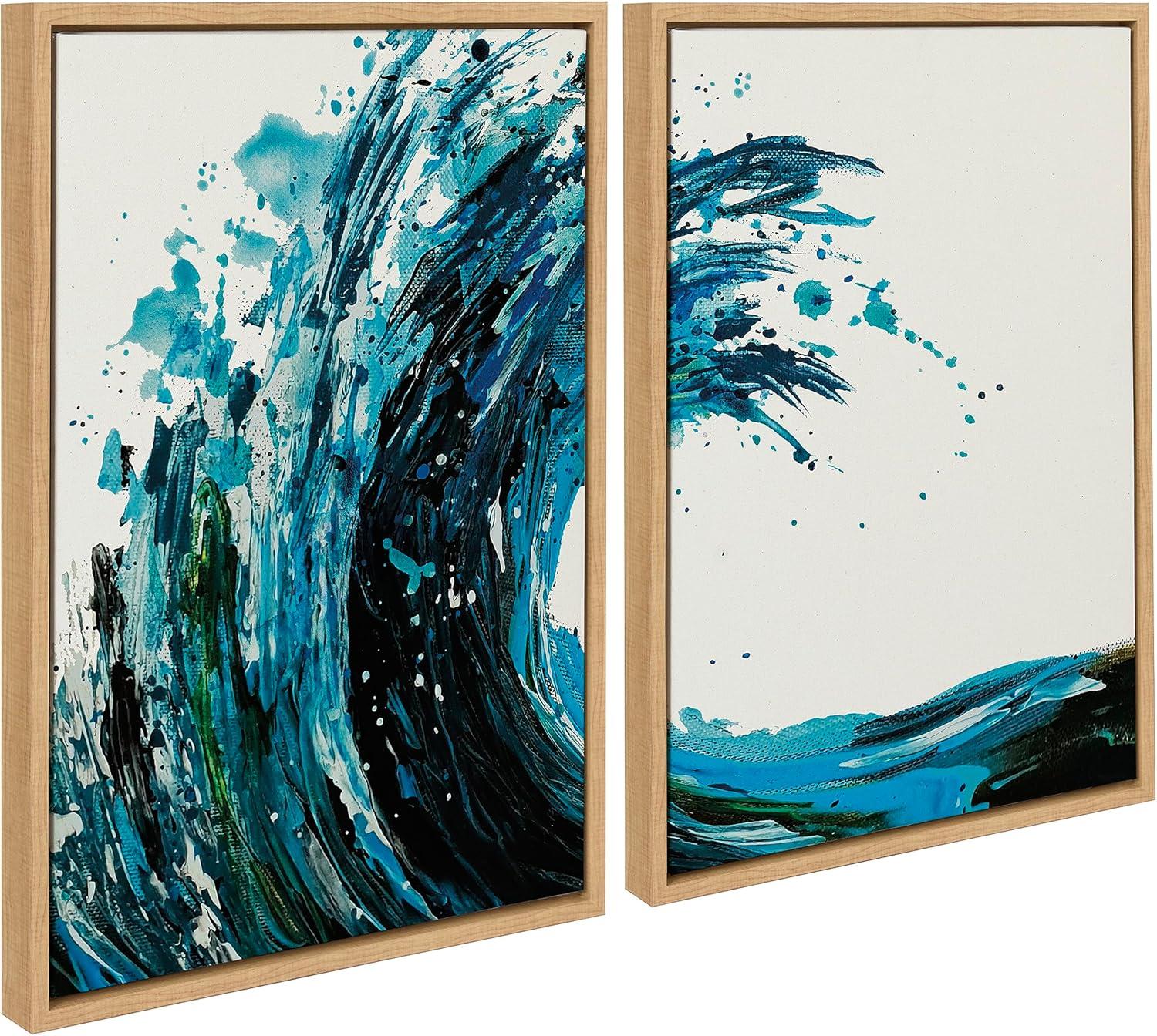 image:imageKate and Laurel Sylvie Wave 1 and 2 Framed Canvas Wall Art Set 2 Piece 18x24 Natural Colorful Blue Crashing Ocean Waves Art for Wall Decor