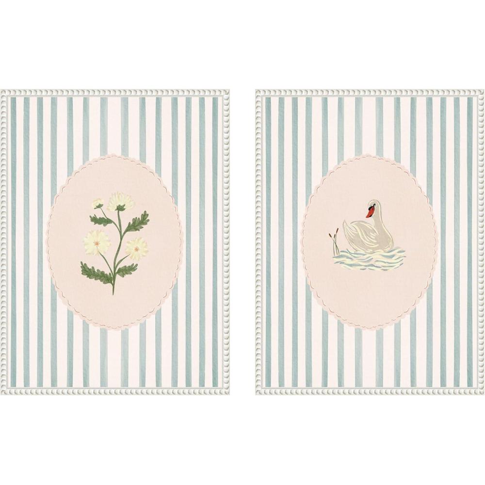 image:imageKate and Laurel Striped Heritage 2 Piece Framed Canvas Wall Art Set by Nikita Jariwala Sylvie Beaded White Vintage Flower Art for Wall Decor