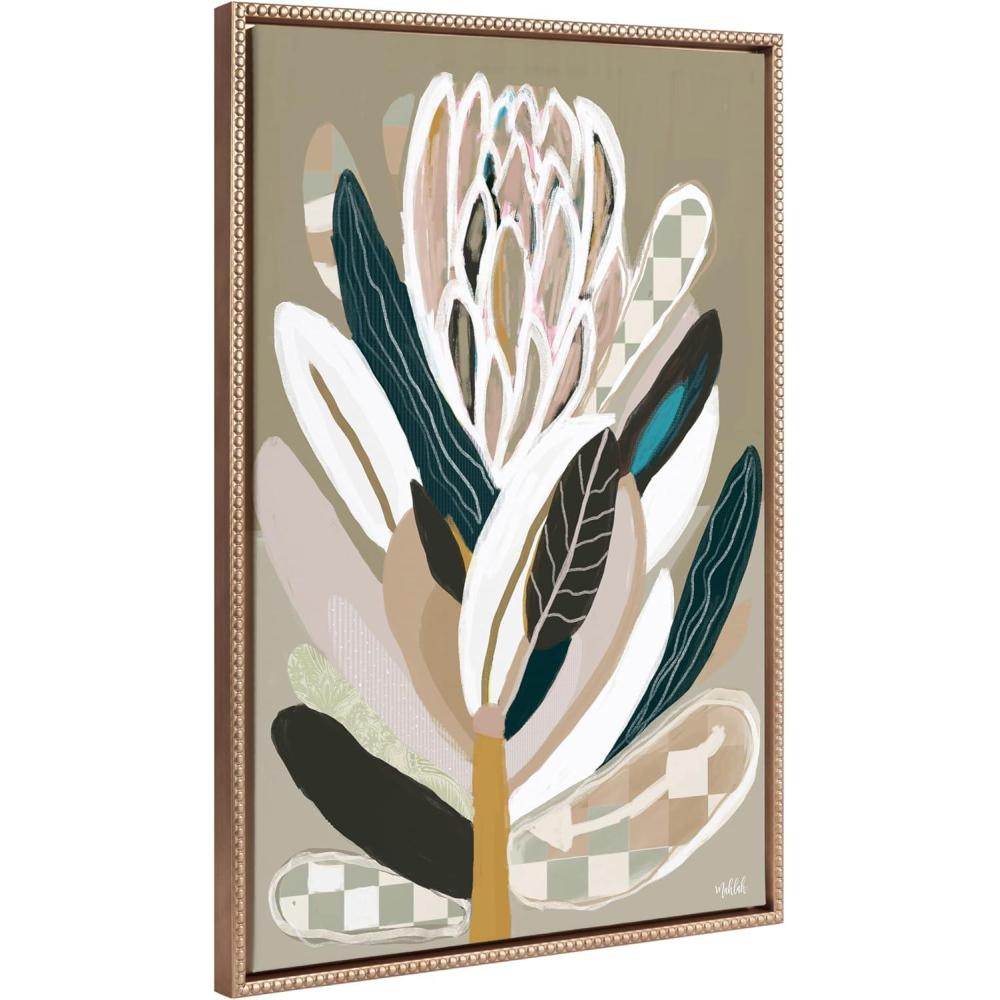 image:imageKate and Laurel Sylvie Beaded Sage Protea Vintage Framed Canvas Wall Art by Inkheart Designs 18x24 Gold Modern Neutral Flower Wall DcorBeaded Gold