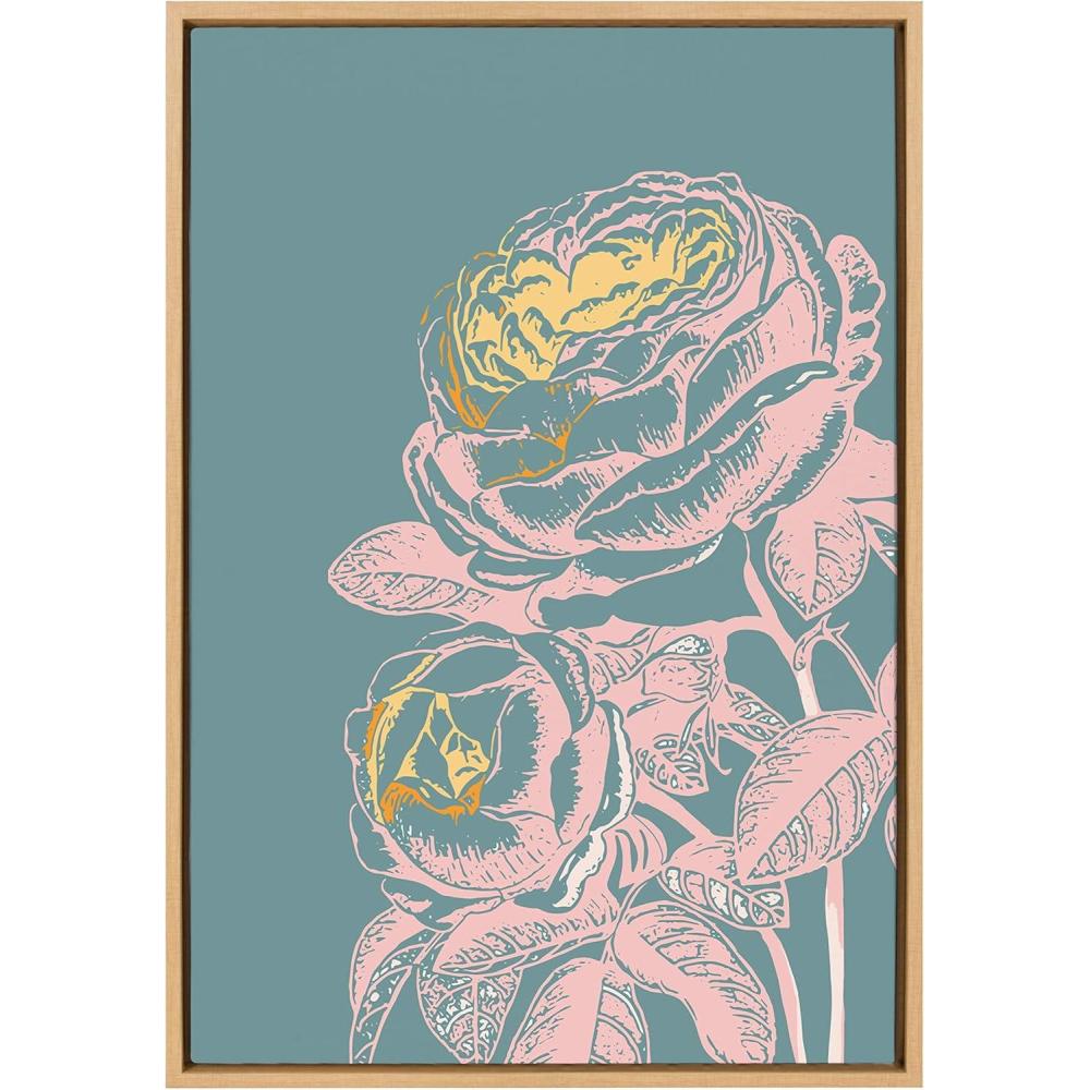 image:imageKate and Laurel Sylvie Floral in Teal Framed Canvas Wall Art by Apricot and Birch 18x24 Natural Vintage Floral Art for WallNatural
