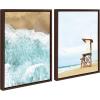 image:imageKate and Laurel Sylvie Ocean Beach Waves from Above and Wood Lifeguard Tower on the Beach Framed Canvas Wall Art Set by The Creative Bunch Studio 2 Piece 18x24 Walnut Brown Chic Coastal Art for Wall