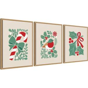 image:imageKate and Laurel Christmas Icons  3 Piece Framed Canvas Wall Art Set by Dominique Vari Sylvie Natural Whimsical Holiday Art for Wall Decor