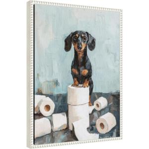 image:imageKate and Laurel Cute Dachshund Dog Toilet Paper Rolls Blue Teal Bathroom Art Framed Canvas Wall Art by The Creative Bunch Studio 18 x 24 Sylvie Beaded White Whimsical Animals Humor Bathroom Art