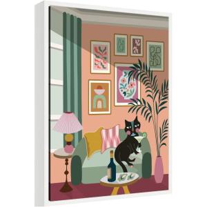 image:imageKate and Laurel Framed Canvas Wall Art Print Cocktail Cat by Rachel Lee 3 Birdies Studio 18 x 24 Sylvie White Frame Whimsical Abstract Art for Wall Decor