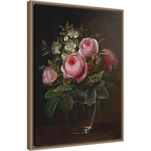 image:imageKate and Laurel Framed Canvas Wall Art Print Roses and Tree Anemones in a Glass Vase by Johan Laurentz Jensen by Nostalgia Prints 18 x 24 Sylvie Beaded Dark Gold Frame Traditional Still Life Art