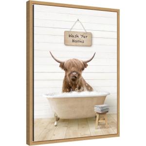 image:imageKate and Laurel Highland Cow in Modern Bathtub Wash Your Horns Framed Canvas Wall Art by Amy Peterson 18 x 24 Sylvie Natural Whimsical Animals Humor Bathroom Art for Wall Decor Living Room