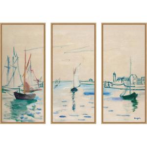 image:imageKate and Laurel Honfleur le Petit Port Henri Manguin 3 Piece Framed Canvas Wall Art Set by Nostalgia Prints Sylvie Natural Coastal Beach Art for Wall Decor
