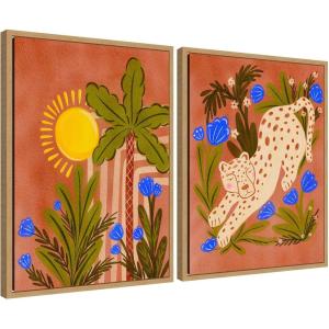 image:imageKate and Laurel Leopard inn Moroccan Forest Set of 2 18x24 Framed Canvas Wall Art Set by Nikita Jariwala Sylvie Natural Whimsical Abstract Tropical Animals Nature Tropical Art for Wall