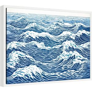 image:imageKate and Laurel Linocut Abstract Waves Blue and White Framed Canvas Wall Art by The Creative Bunch Studio 24 x 18 Sylvie White Coastal Abstract Beach Art for Wall Decor Living Room Bedroom