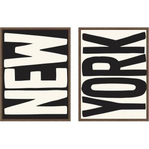 image:imageKate and Laurel New York Set Print Travel City Typography Black and White 2 Piece Framed Canvas Wall Art Set by Lucky Guava Sylvie Walnut Modern Contemporary Abstract Art for Wall Decor