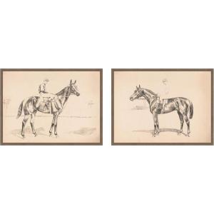 image:imageKate and Laurel Portrait of Race Horse And Mounted Jockey 2 Piece Framed Canvas Wall Art Set by Nostalgia Prints Sylvie Walnut Vintage Animal Art for Wall Decor