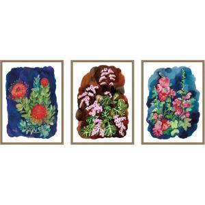 image:imageKate and Laurel Proteas in Blue amp Hollyhock 3 Piece Framed Canvas Wall Art Set by Lucia Gianello Sylvie Dark Gold Whimsical Flower Art for Wall Decor