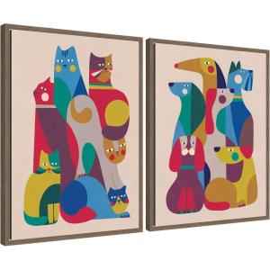 image:imageKate and Laurel Retro Cats amp Dogs 2 Piece Framed Canvas Wall Art Set by Rachel Lee Sylvie Walnut Whimsical Abstract Art for Wall Decor
