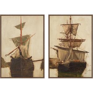 image:imageKate and Laurel Sketch of a Sailing Ship 2 Piece Framed Canvas Wall Art Set by Nostalgia Prints Sylvie Walnut Vintage Beach Art for Wall Decor