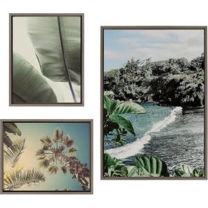image:imageKate and Laurel Sylvie Aloha Kai Vintage Palms and Palm Tree Sunburst Framed Canvas Wall Art Set by Various Artists 3 Piece Set Gray Ocean Island Art for Wall