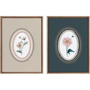 image:imageKate and Laurel Sylvie Beaded Cosmo in Oval and Dahlia in Oval Vintage Framed Canvas Wall Art Set by Valerie McKeehan of Lily and Val 2 Piece Set 18x24 Gold Antique Floral Illustration Art for Wall