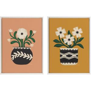 image:imageKate and Laurel Sylvie Beaded Folk Flowers Gold and Terra Vintage Framed Canvas Wall Art Set by Carey Copeland 2 Piece Set 18x24 White Potted Floral Art Set for Wall