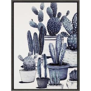 image:imageKate and Laurel Sylvie Blue Potted Cacti Framed Linen Textured Canvas Wall Art 23x33 Gray Botanical Home Decor