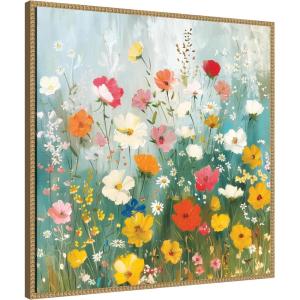 image:imageKate and Laurel Sylvie Boho Wildflower Garden Framed Canvas Wall Art by The Creative Bunch Studio 30 x 30 Beaded Natural Bohemian Boho Flowers Nature Art for Wall Decor Living Room BedroomBeaded Natural