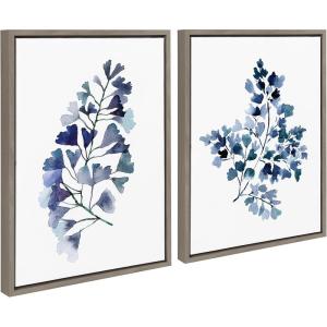image:imageKate and Laurel Sylvie Botanical Split Fern Indigo and Botanical Maiden Indigo Framed Canvas Wall Art Set by Sara Berrenson 2 Piece Set 18x24 Gray Floral Watercolor Wall Art Dcor Set