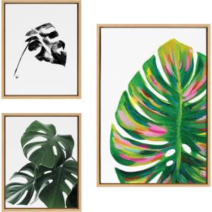 image:imageKate and Laurel Sylvie EV Monstera 582 Monstera and Monstera Leaves Framed Canvas Wall Art Set by Various Artists 3 Piece Set Natural House Plant Art for Wall