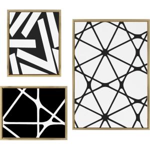 image:imageKate and Laurel Sylvie Elevated Modern Black and White Minimalist Pattern Framed Canvas Wall Art Set by The Creative Bunch Studio Set of 3 16x20 and 23x33 Gold Black and White Art Set for WallGold