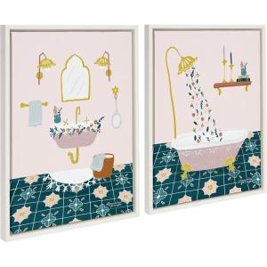 image:imageKate and Laurel Sylvie Floral Sink and Floral Bath Framed Canvas Wall Art Set by Leonora Jennifer Benza of Yellow Heart Art 2 piece 18x24 White Modern Contemporary Bathroom Art Set