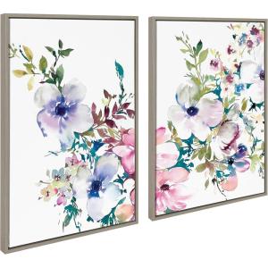 image:imageKate and Laurel Sylvie Ink Wash Floral Left and Right Framed Canvas Wall Art Set by Emma Daisy 2 Piece Set 23x33 Gray Watercolor Botanical Wall Art Set
