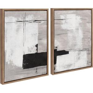 image:imageKate and Laurel Sylvie Line 1 Left and Right Neutral Linen Framed Canvas Wall Art Set by Nikita Jariwala 2 Piece Set 18x24 Black Modern Abstract Monochromatic Geometric Art for WallGold