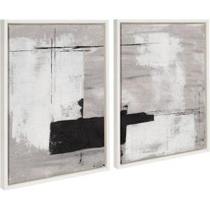 image:imageKate and Laurel Sylvie Line 1 Left and Right Neutral Linen Framed Canvas Wall Art Set by Nikita Jariwala 2 Piece Set 18x24 Black Modern Abstract Monochromatic Geometric Art for WallWhite