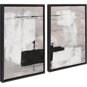 image:imageKate and Laurel Sylvie Line 1 Left and Right Neutral Linen Framed Canvas Wall Art Set by Nikita Jariwala 2 Piece Set 18x24 Black Modern Abstract Monochromatic Geometric Art for WallBlack